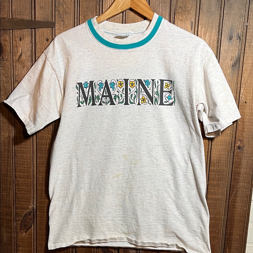 Vintage Castaway Maine Speckled White T-Shirt